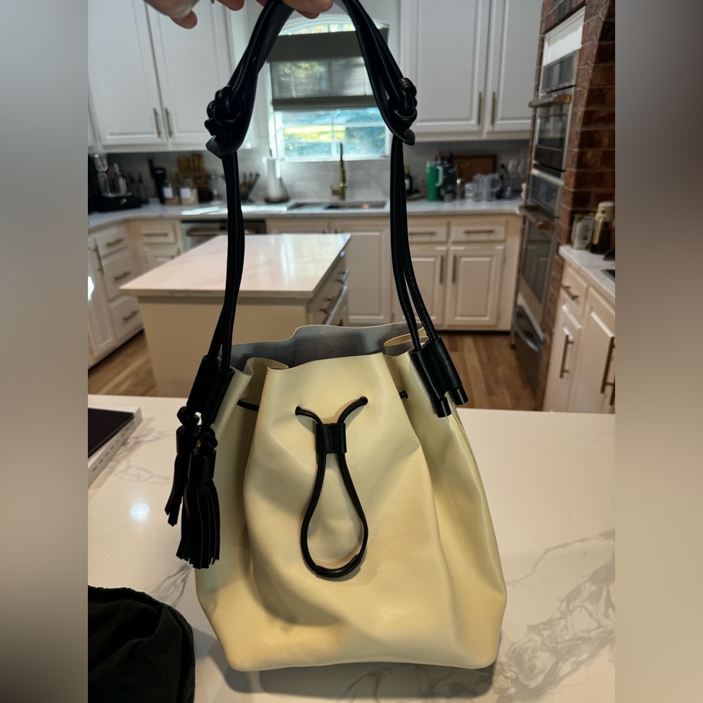 Vince Camuto, black and cream, leather bucket bag